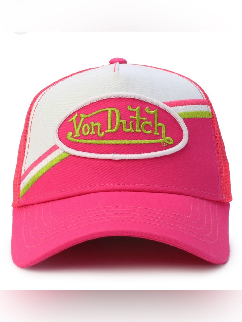 Pink and white Von Dutch trucker hat with the oval script logo, photographed on a plain background